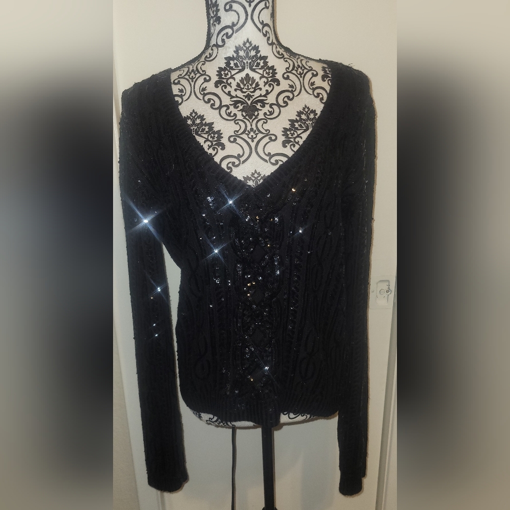 DONNA KARAN New York Black Sequin V Neck Sweater Sz Large Cashmere‎ Silk Blend